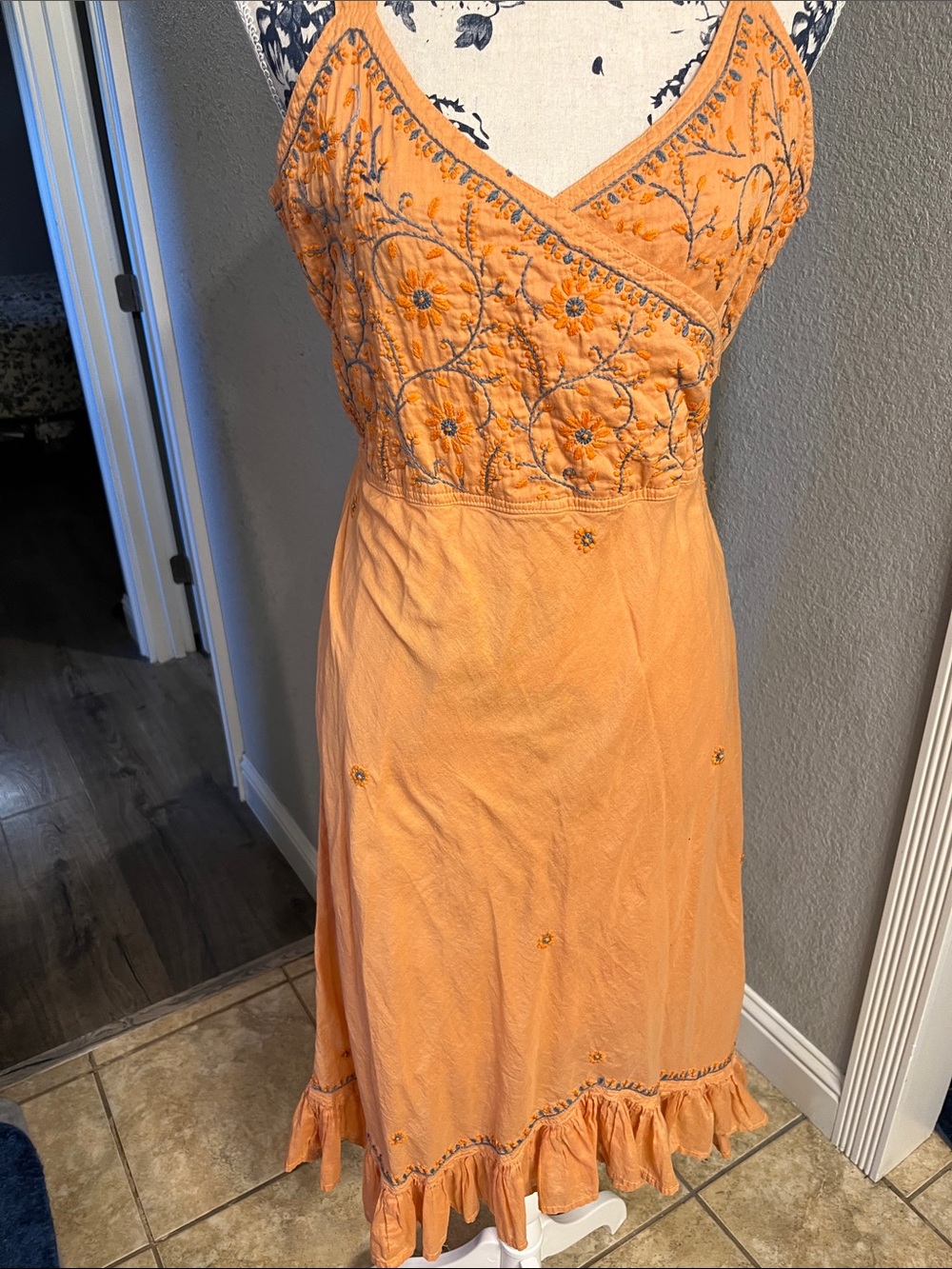 Papillon Embroidered Peach Midi Dress with Ruffle Hem